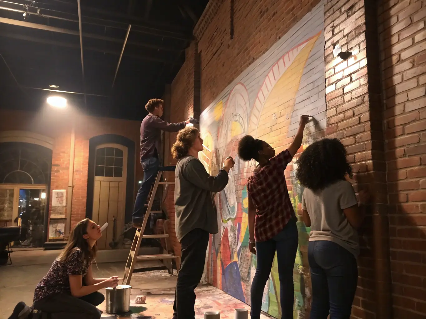 A vibrant photograph capturing a group of artists collaborating on a mural in a community space, showcasing the collaborative spirit of the Artist Residency Program.