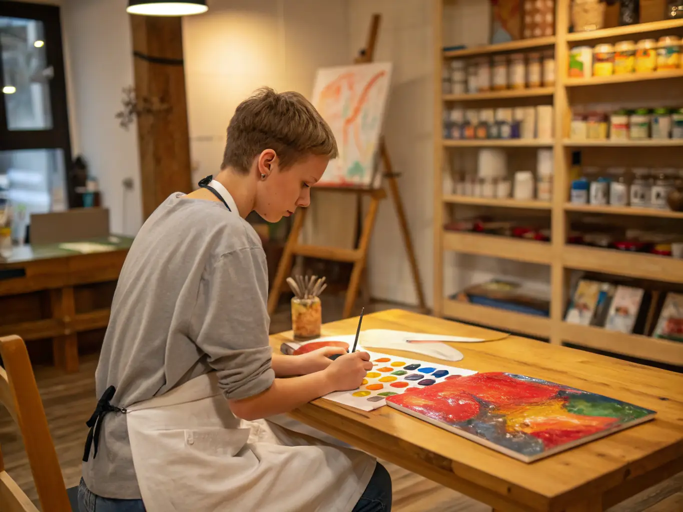 A vibrant image of an artist working in a spacious, well-lit studio surrounded by creative tools and artworks, capturing the essence of artistic inspiration and community engagement.