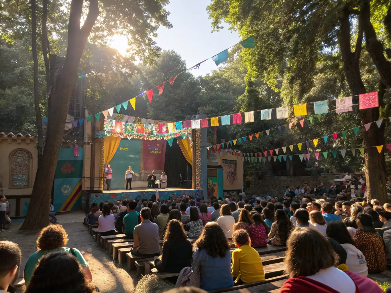 A dynamic image of a live performance taking place in a public space, with an enthusiastic audience watching and applauding, highlighting the organization's role in bringing art to the community and creating memorable cultural experiences.