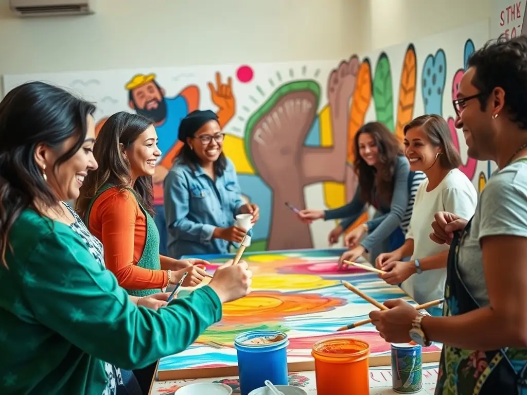 A photograph capturing a community workshop in progress, with participants of diverse ages and backgrounds actively engaged in a hands-on art project, showcasing the organization's commitment to inclusivity and community involvement.